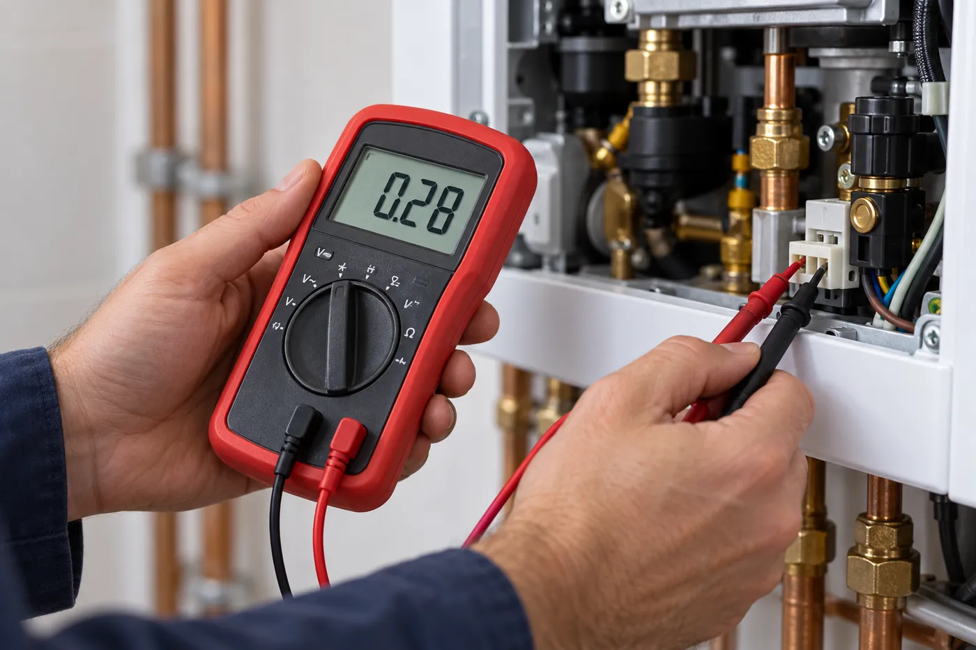 Multimètre branché sur le connecteur d'une chaudière gaz pour confirmer la cause d'un code défaut
